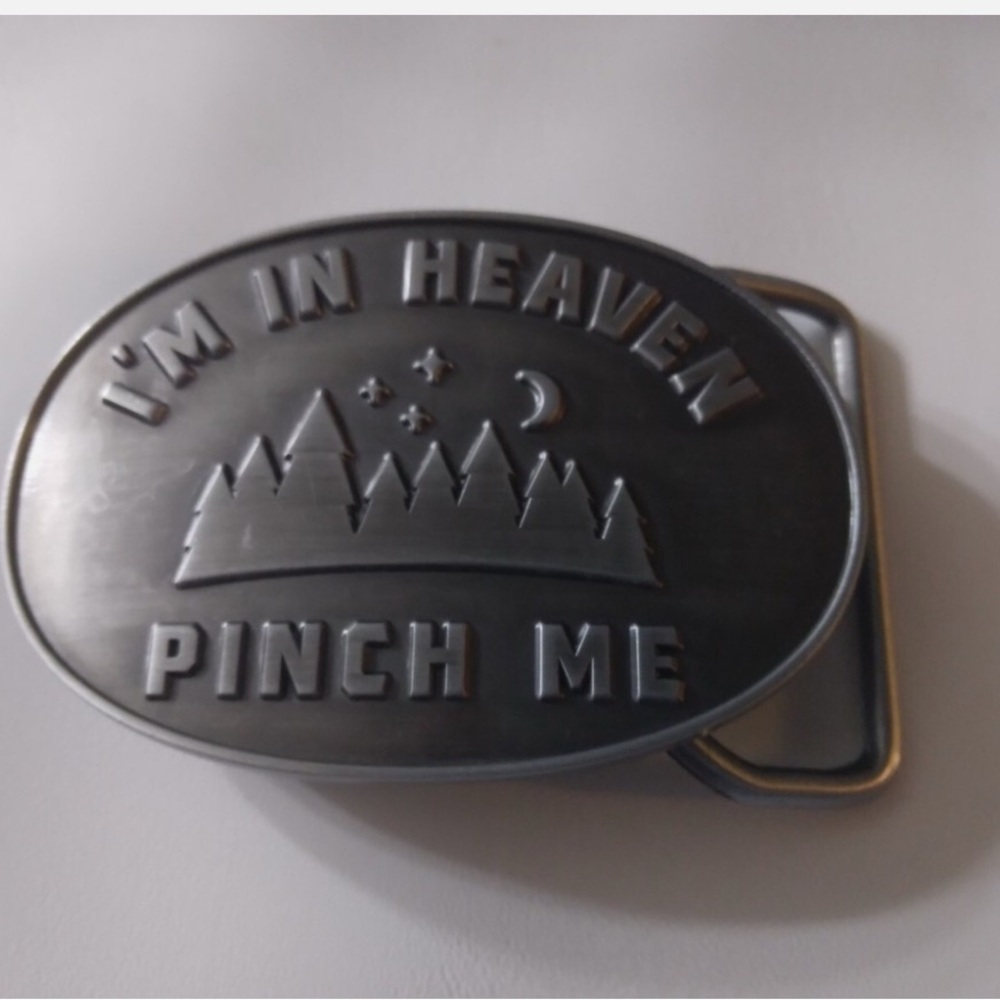 Men's Silver Belt Buckle with 'I'm In Heaven Pinch Me' Design Longhorn promo
